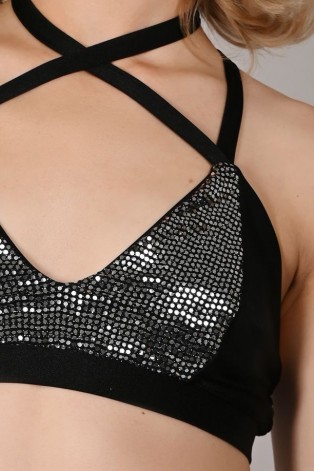 Sensual Top in black&silver – close-up detail of sequins and adjustable neckline straps for a glamorous dancewear look