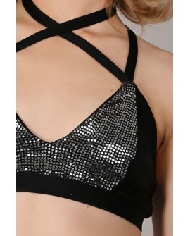Sensual Top in black&silver – close-up detail of sequins and adjustable neckline straps for a glamorous dancewear look