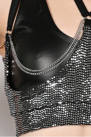 Sequin Strip Top in silver – close-up detail of removable decorative chains and sequin texture for exotic pole styling