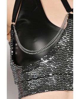 Sequin Strip Top in silver – close-up detail of removable decorative chains and sequin texture for exotic pole styling