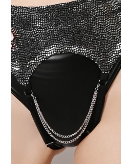 Sequin Strip Belt in silver – close-up detail of reflective sequin fabric and removable chains for exotic pole dance outfits