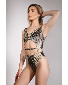 Side view of Goldy Bodysuit – elegant dance bodysuit with decorative straps, designed for pole dance and exotic pole.
