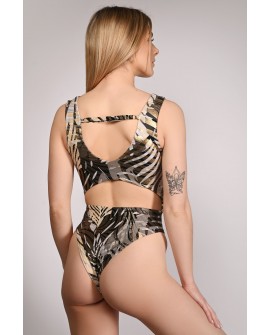 Back view of Goldy Bodysuit – open back bodysuit with sparkling gold pattern, perfect for training and sensual dance movement.