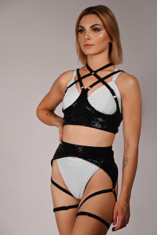 Sequin Belt in black – front view, sparkling waist accessory with thigh straps for pole dance and exotic performances