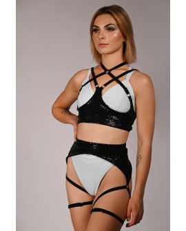 Sequin Belt in black – front view, sparkling waist accessory with thigh straps for pole dance and exotic performances