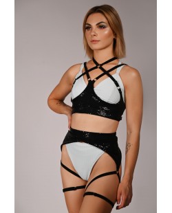 Sequin Belt in black – front view, sparkling waist accessory with thigh straps for pole dance and exotic performances