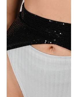 Sequin Belt in black – detail of shimmering sequin knit and adjustable strap connectors from Siren Collection