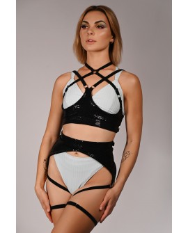 Sequin Top in black– front view, sparkling underbust accessory with decorative straps for pole dance and exotic performances