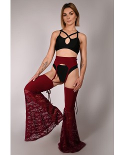 Obsessive Stockings in burgundy – side view, adjustable straps and lace silhouette, perfect for stage performance and dance