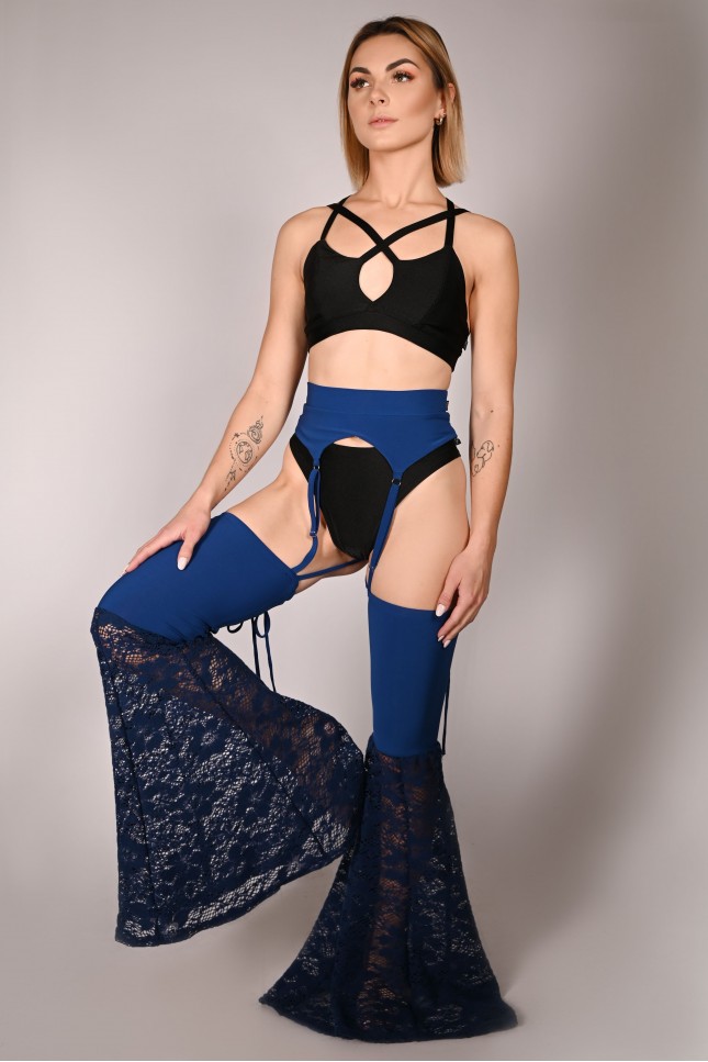 Obsessive Stockings in royal blue – front view, wide lace legs, designed for pole dance and exotic pole performances