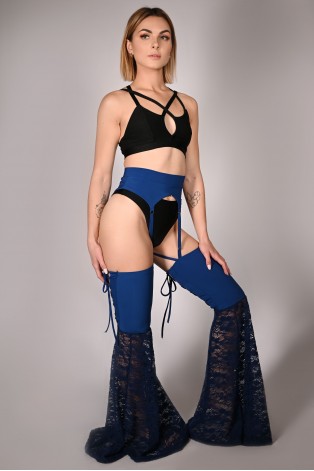 Obsessive Stockings in royal blue – side view, adjustable straps and lace silhouette, perfect for stage performance and dance