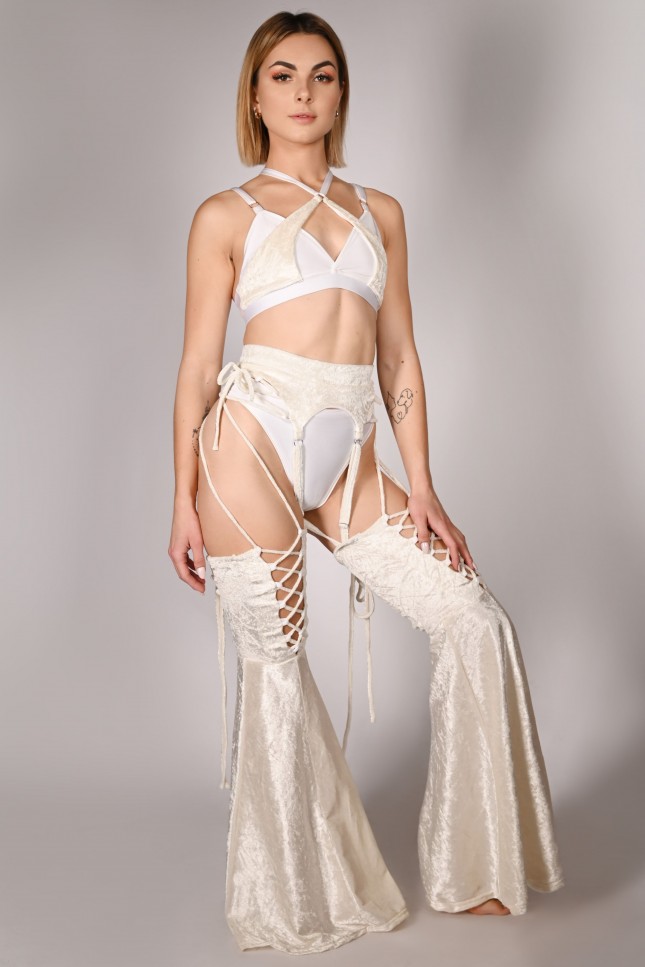 Velvet Siren Stockings in cream – velvet dance stockings with belt for pole dance and exotic pole, front view