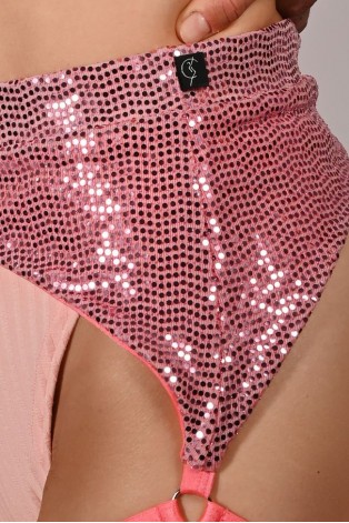 Sequin Belt in light coral – detail of shimmering sequin knit and adjustable strap connectors from Siren Collection