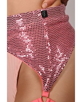 Sequin Belt in light coral – detail of shimmering sequin knit and adjustable strap connectors from Siren Collection