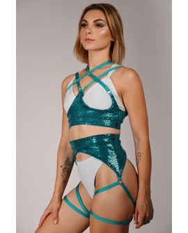 Sequin Belt in turquoise – front view, sparkling waist accessory with thigh straps for pole dance and exotic performances