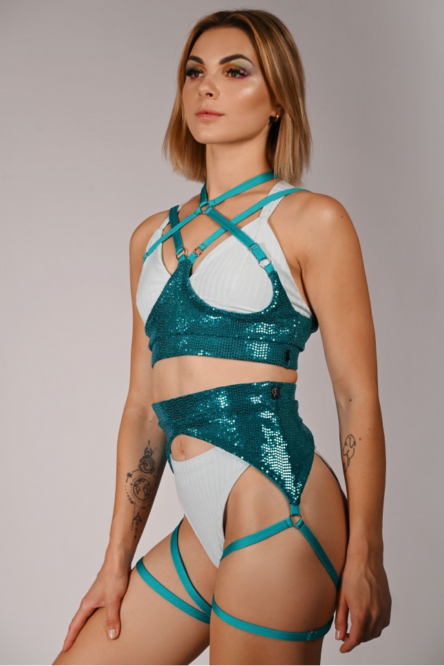 Sequin Belt in turquoise – front view, sparkling waist accessory with thigh straps for pole dance and exotic performances