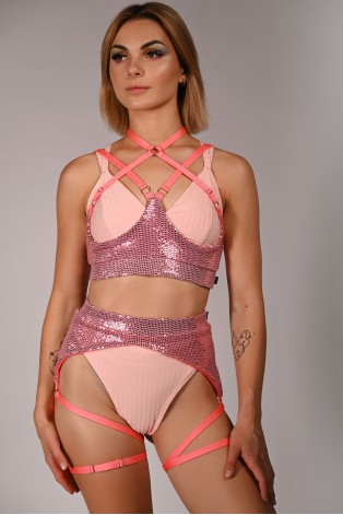 Sequin Top in light coral– front view, sparkling underbust accessory with straps for pole dance and exotic performances