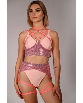 Sequin Top in light coral– front view, sparkling underbust accessory with straps for pole dance and exotic performances