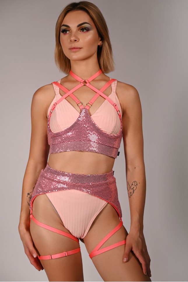 Sequin Top in light coral– front view, sparkling underbust accessory with straps for pole dance and exotic performances