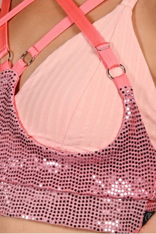 Sequin Top in light coral – detail of glittering sequin fabric reflecting light, Siren Collection dance accessory
