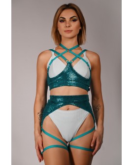 Sequin Top in turquoise– front view, sparkling underbust accessory with decorative straps for pole dance and exotic performances