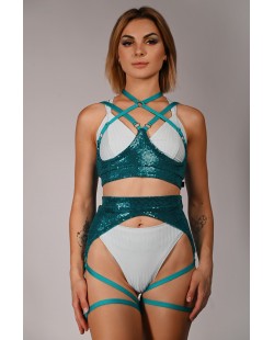 Sequin Top in turquoise– front view, sparkling underbust accessory with decorative straps for pole dance and exotic performances