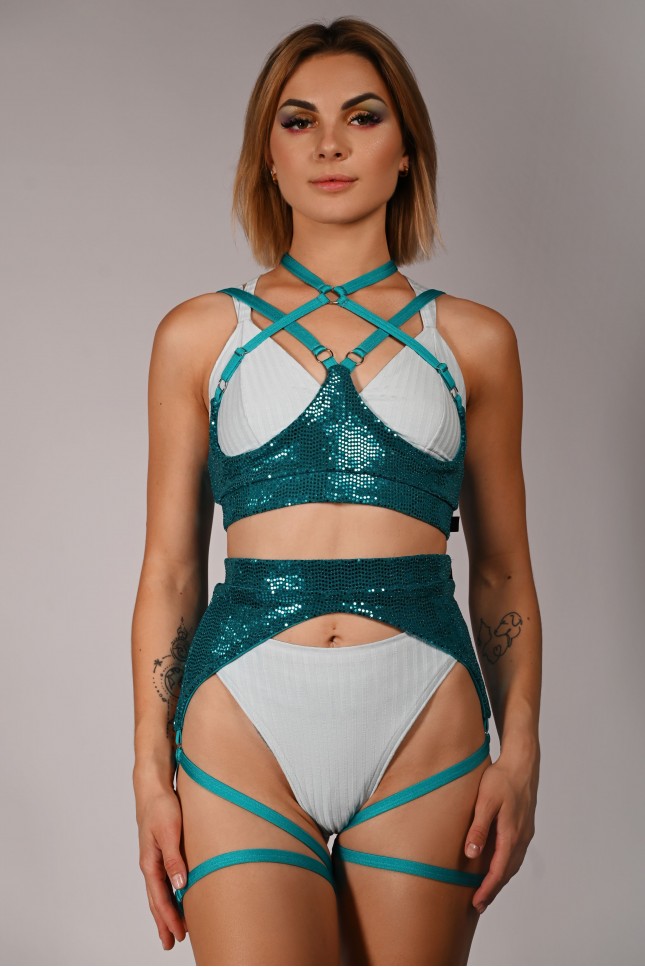 Sequin Top in turquoise– front view, sparkling underbust accessory with decorative straps for pole dance and exotic performances