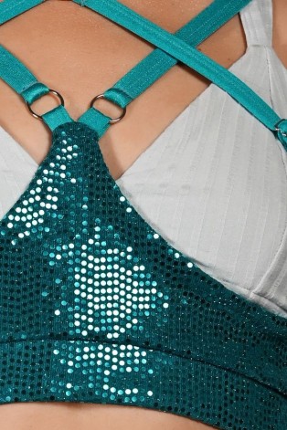 Sequin Top in turquoise – detail of glittering sequin fabric reflecting light, Siren Collection dance accessory