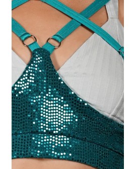 Sequin Top in turquoise – detail of glittering sequin fabric reflecting light, Siren Collection dance accessory