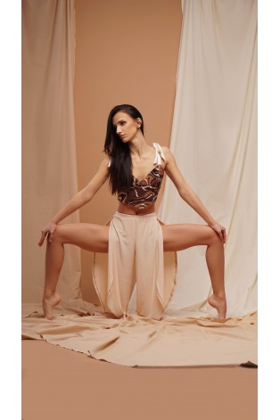 Boho pants in latte – side view showing flowing leg slits, perfect for exotic pole, floorwork and expressive dance styles