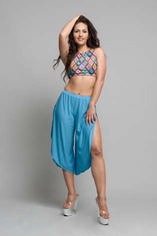 Boho pants in azure – flowing dance pants for pole dance, exotic pole, floorwork and belly dance, front view