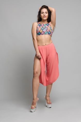 Boho pants in peachy – flowing dance pants for pole dance, exotic pole, floorwork and belly dance, front view