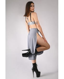 Boho pants in gray – side view showing flowing leg slits, perfect for exotic pole, floorwork and expressive dance styles