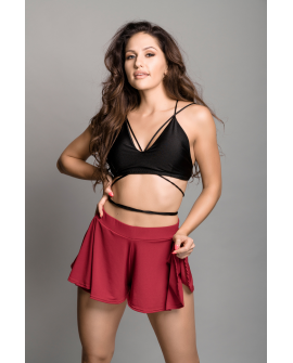 Boho shorts in burgundy – front view showing flowing fabric and elastic waistband