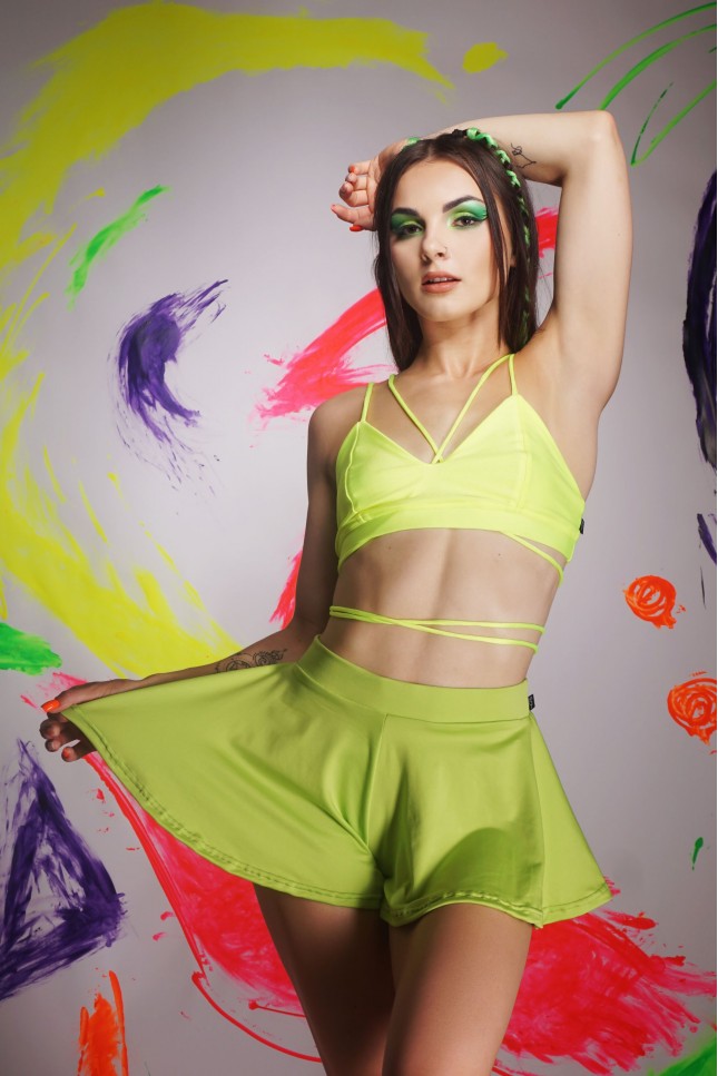 Boho shorts in lime – front view showing flowing fabric and elastic waistband