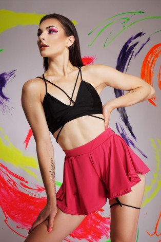Boho shorts in hot pink– front view showing flowing fabric and elastic waistband