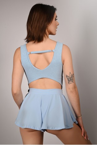 Boho shorts in baby blue – back view highlighting soft drape and movement