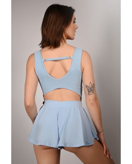 Boho shorts in baby blue – back view highlighting soft drape and movement