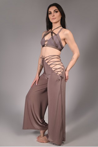 Wren Yoga Pants in light brown, side view showing lace-up sides and fluid fabric