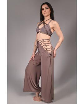 Wren Yoga Pants in light brown, side view showing lace-up sides and fluid fabric