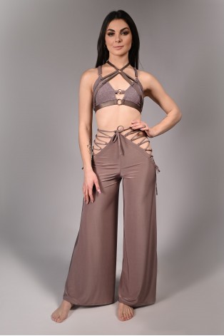 Wren Yoga Pants in light brown front view with side lace-up details – flowing dance pants
