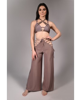 Wren Yoga Pants in light brown front view with side lace-up details – flowing dance pants