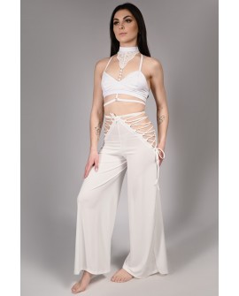 Wren Yoga Pants in off-white front view with side lace-up details – flowing dance pants