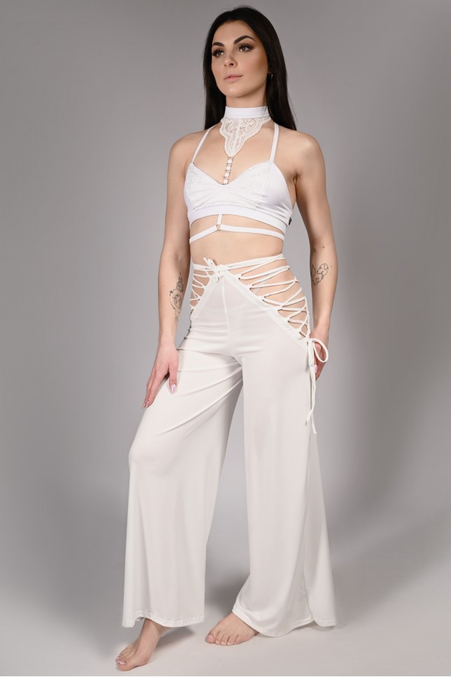 Wren Yoga Pants in off-white front view with side lace-up details – flowing dance pants