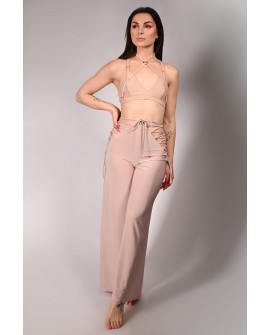 Wren Yoga Pants in angel wing, front view with side lace-up details – flowing dance pants