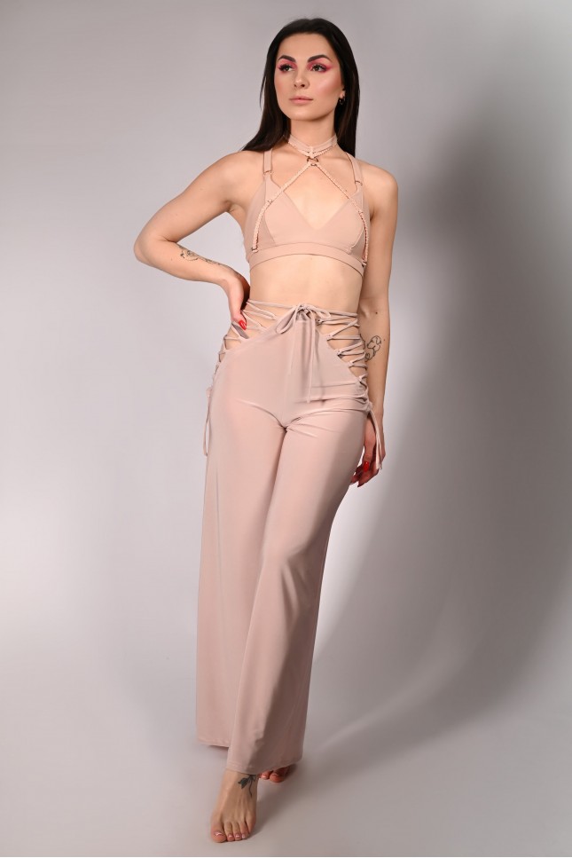 Wren Yoga Pants in angel wing, front view with side lace-up details – flowing dance pants