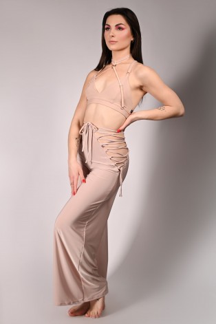 Wren Yoga Pants in angel wing, side view showing lace-up sides and fluid fabric