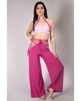 Wren Yoga Pants in red plum front view with side lace-up details – flowing dance pants