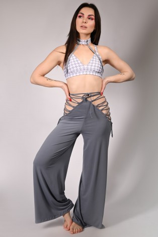 Wren Yoga Pants in gray front view with side lace-up details – flowing dance pants