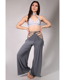 Wren Yoga Pants in gray front view with side lace-up details – flowing dance pants